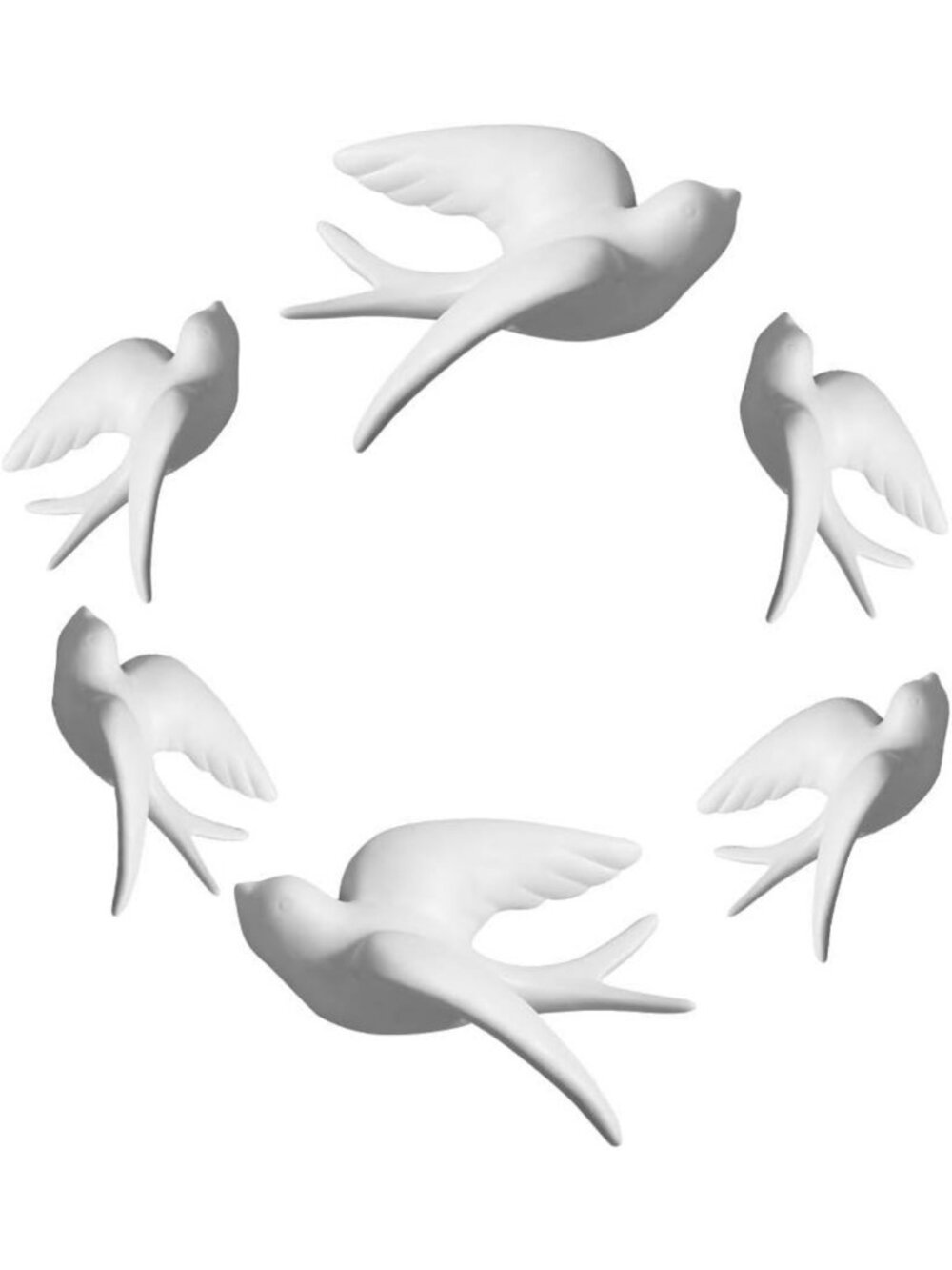 Set of 6 White Ceramic Bird Wall Decor - Doves, Sparrows & Swallows for Home